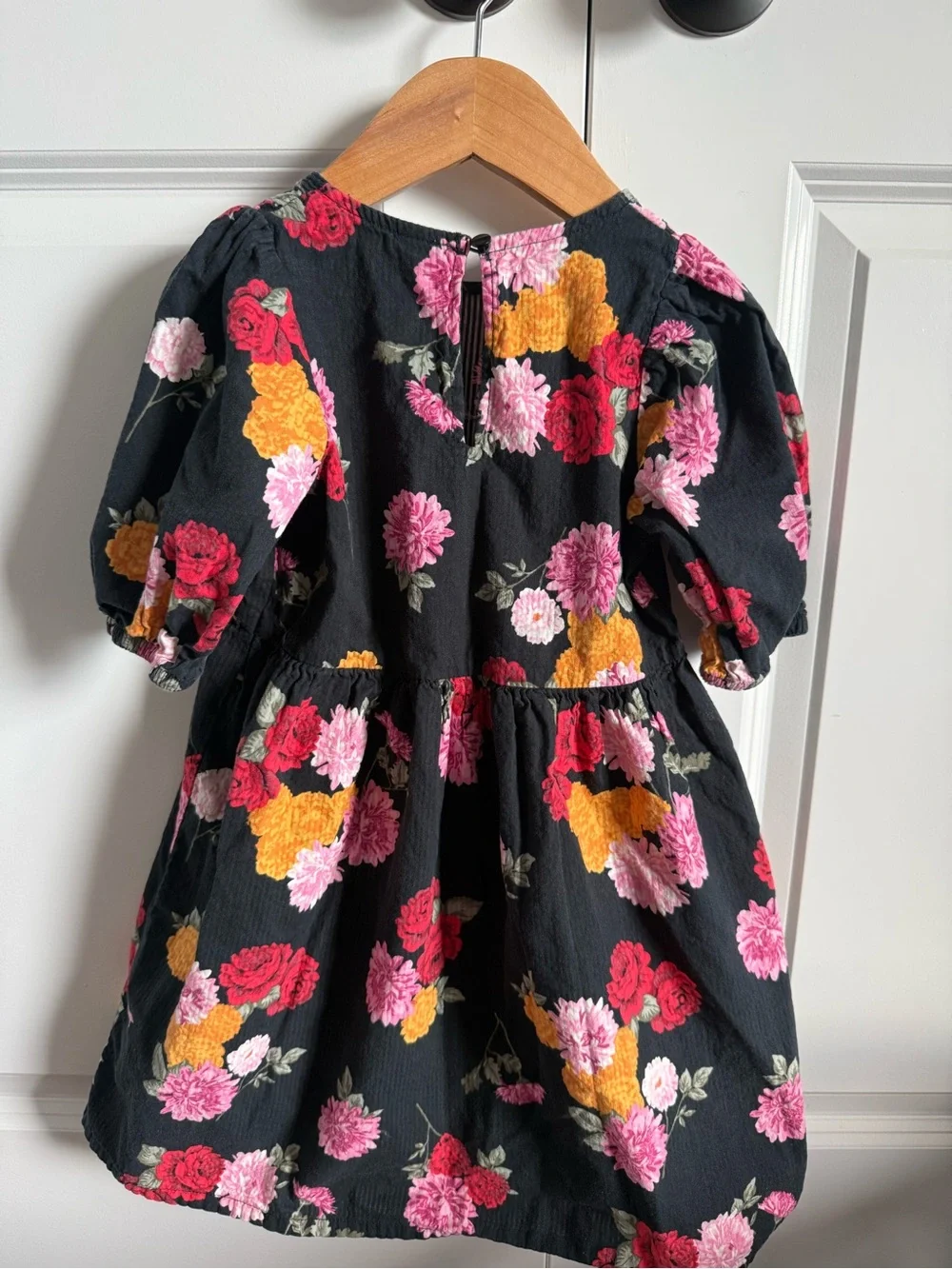 H&M Black Floral Puff-Sleeve Dress with Pink, Red & Yellow Flowers